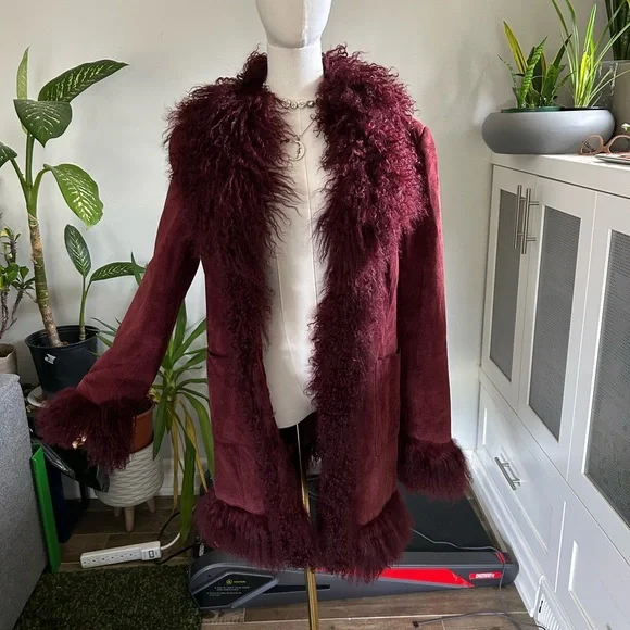 Vintage 90s burgundy mongolian fur suede penny lane coat jacket - Picture 2 of 6